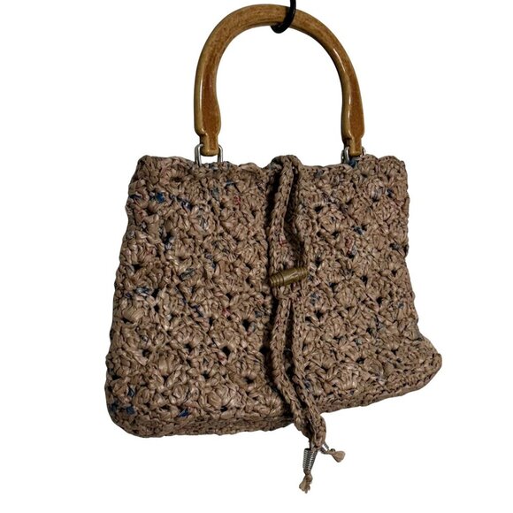 Crocheted Woven Straw/Raffia Handbag with Bamboo-Style Handles - Picture 2 of 7